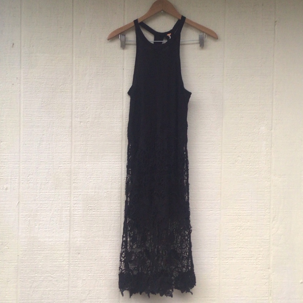 Free People Nora Lace overlay crochet knit black midi racerback sleeveless Dress - Picture 16 of 16